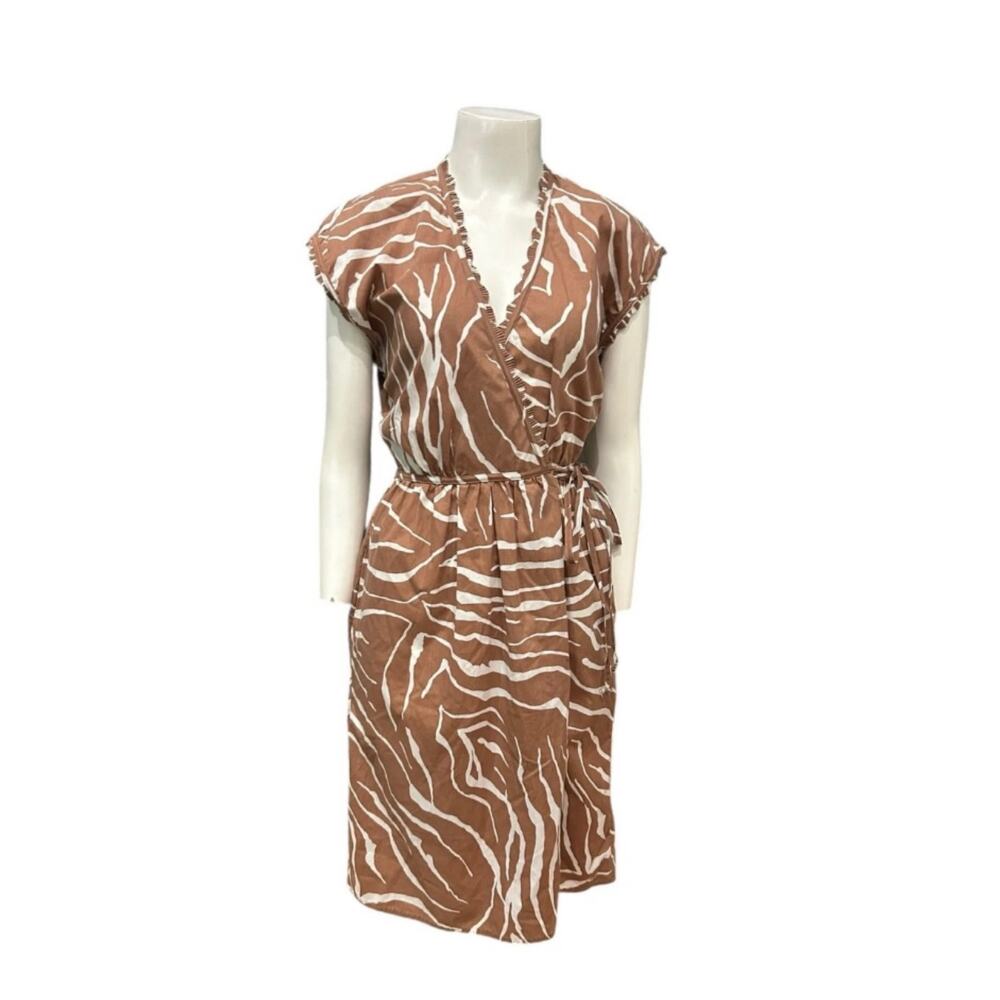 Vintage Animal Print Wrap Dress Brown Cream Zebra Ruffle Trim Midi -